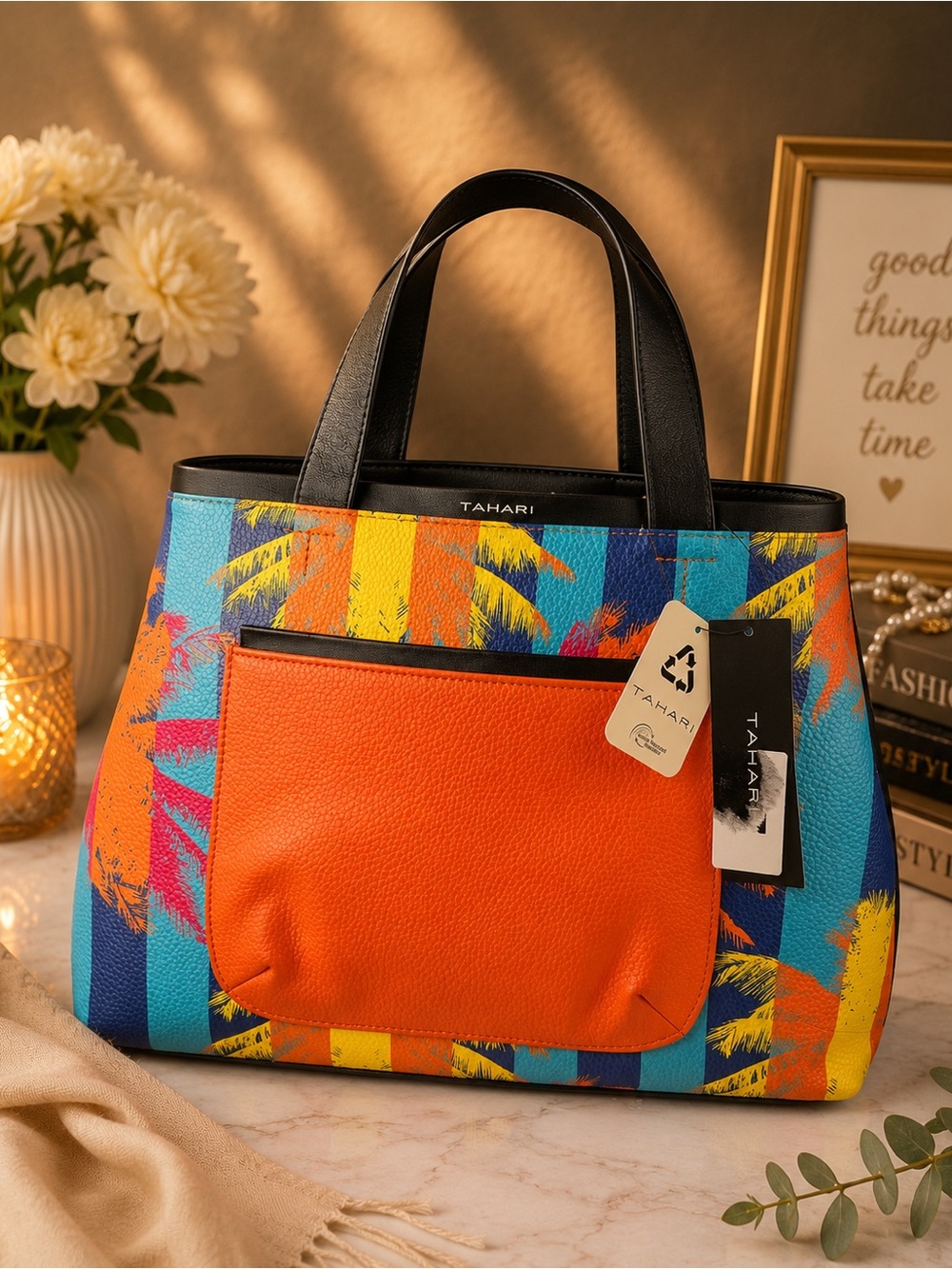 Tahari Multicolor Tropical Stripe Tote with Orange Trim
